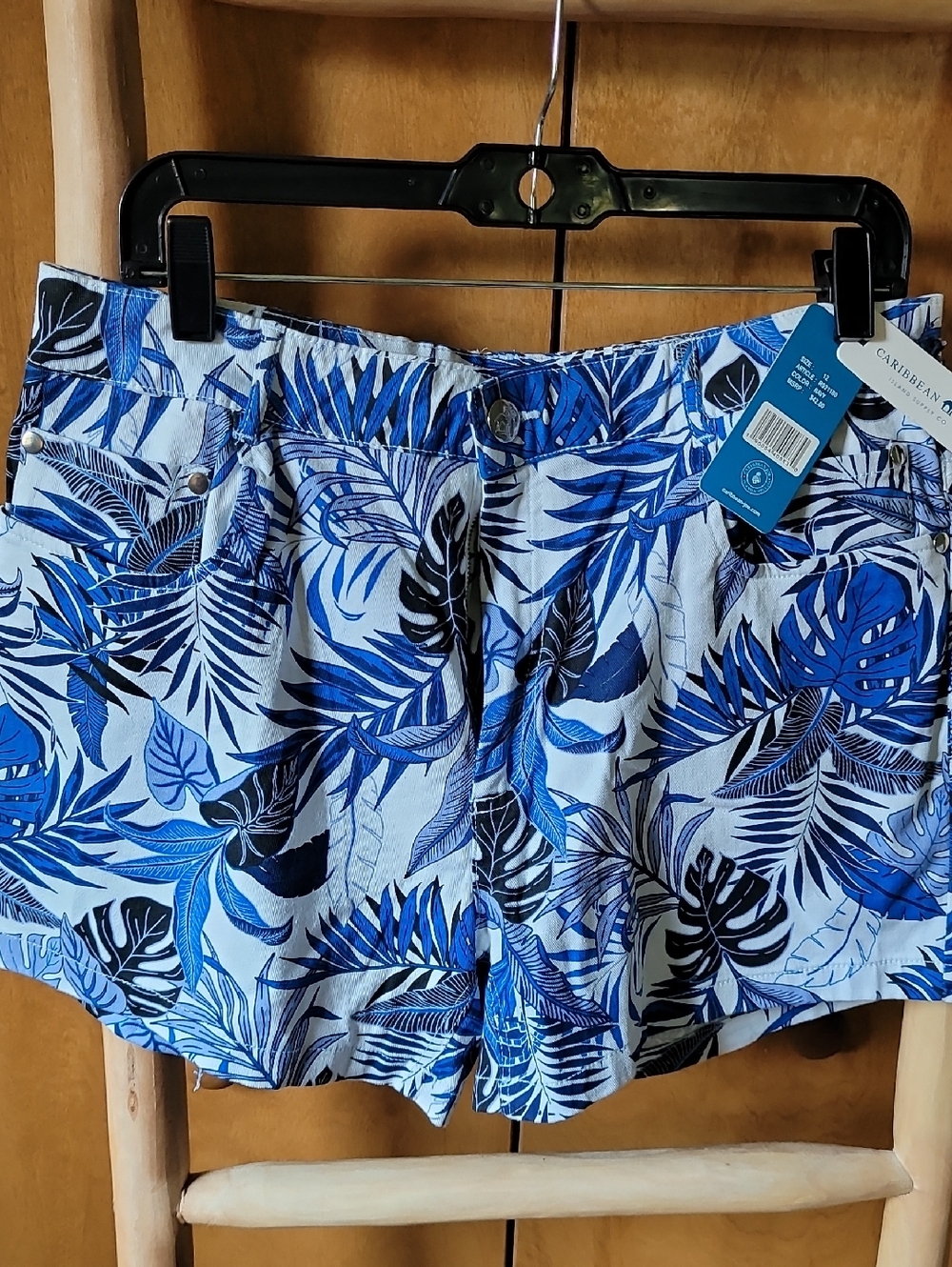 Caribbean Joe Blue and Black Tropical Leaf Shorts